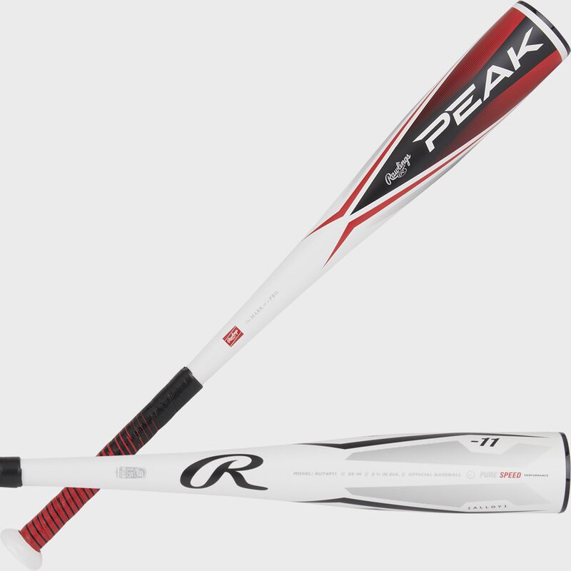 2 views showing both sides of the barrel of a Rawlings Peak -11 coach pitch bat - SKU: RUT4P11