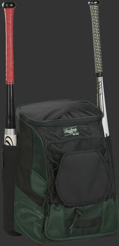 Front right of a dark green/black R600 Rawlings players bag with two bats and Oval R printed on the bottom panel