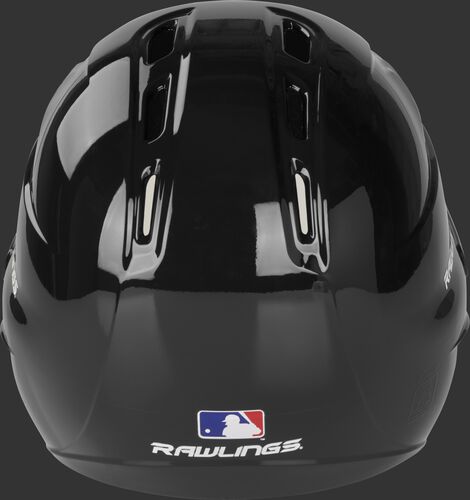 Back of a gloss black R1601 Velo batting helmet with the Official MLB logo sticker