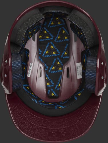 Inside of a maroon MCH01A Mach baseball helmet with black foam padding