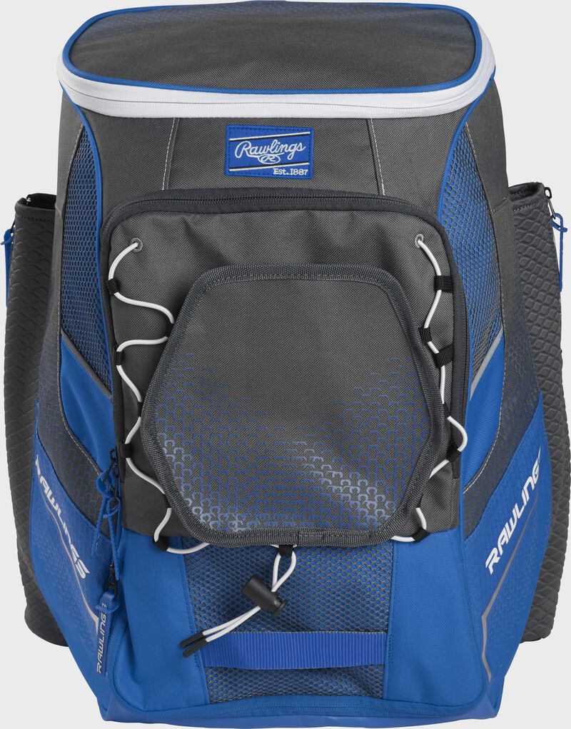 Front of a royal Impulse baseball backpack with a gray front pocket - SKU: IMPLSE-R