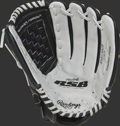 RSB130GB Rawlings softball outfield glove with a grey palm and grey laces