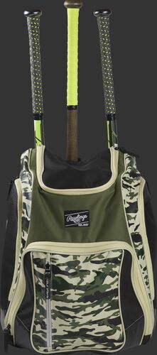 Front view of a camo Rawlings Legion baseball backpack with 3 bats in the back - SKU: LEGION-CAMO