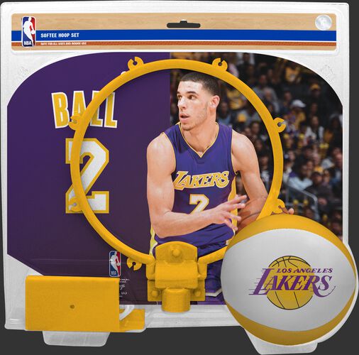 A NBA Los Angeles Lakers Lonzo Ball softee hoop set with a picture of Ball on the backboard - SKU: 03544539511