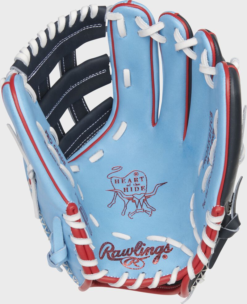 Columbia blue palm of a Rawlings HOH R2G ColorSync 6.0 glove with white laces and scarlet palm stamp - SKU: PRORKB17CB