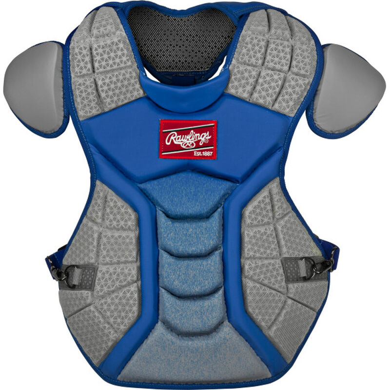 A royal/grey CSPZ Salvador Perez chest protector with a red Rawlings patch on the chest