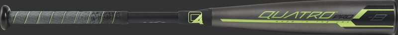 Barrel of a US9Q8 2019 Quatro Pro USA baseball bat with a grey/black barrel and green accents
