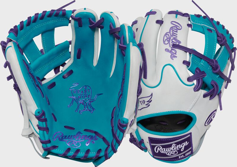 Two images showing the palm & back of a white/teal Exclusive Heart of the Hide R2G Wing Tip 11.5-inch Infield Glove