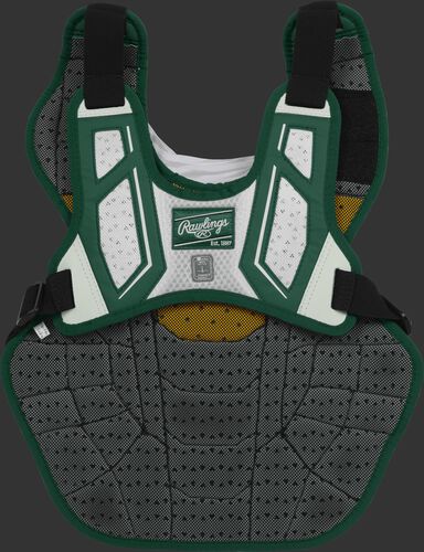Back harness of a dark green/white CPV2N intermediate Velo 2.0 chest protector with Dynamic Fit System 2.0
