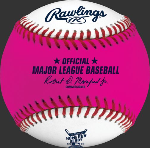 A pink/white MLB 2021 Home Run Derby money baseball with the official ball of MLB stamp - SKU: RSGEA-ROMLBMB21-R