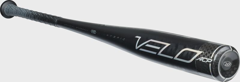 3/4 angle view of a BBZV3 BBCOR Velo ACP one-piece hybrid bat with a black barrel and black carbon composite end cap