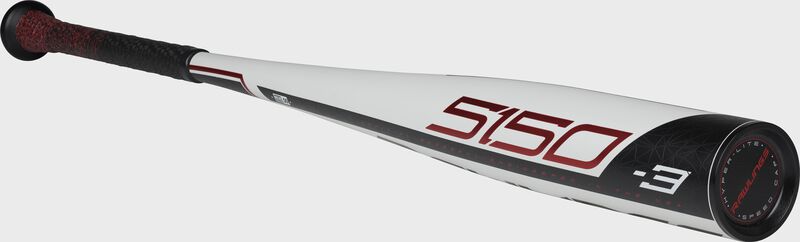 3/4 angle view of a BB953 5150 BBCOR -3 bat with a white barrel and black/red accents
