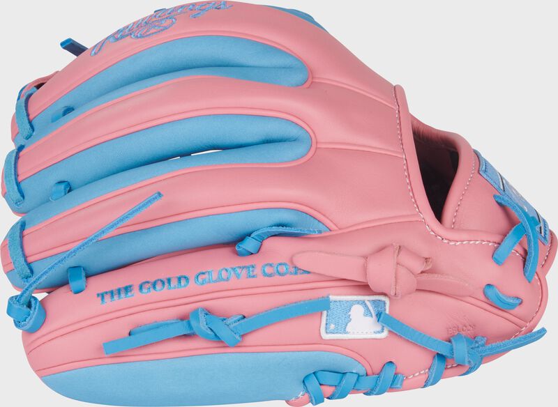 Pink back of a Rawlings NXT Series 11.5-Inch Infield Glove with the MLB logo on the pinky loading=