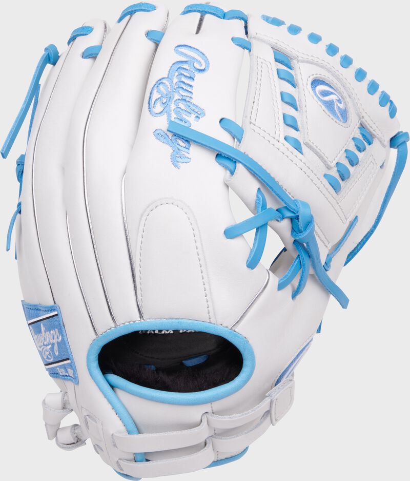 Back of a white/Columbia blue Liberty Advanced 12-inch Fastpitch Softball Glove loading=