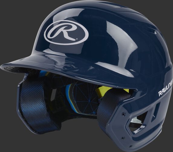 Left angle view of a Rawlings MACH Junior helmet with a one-tone matte navy shell