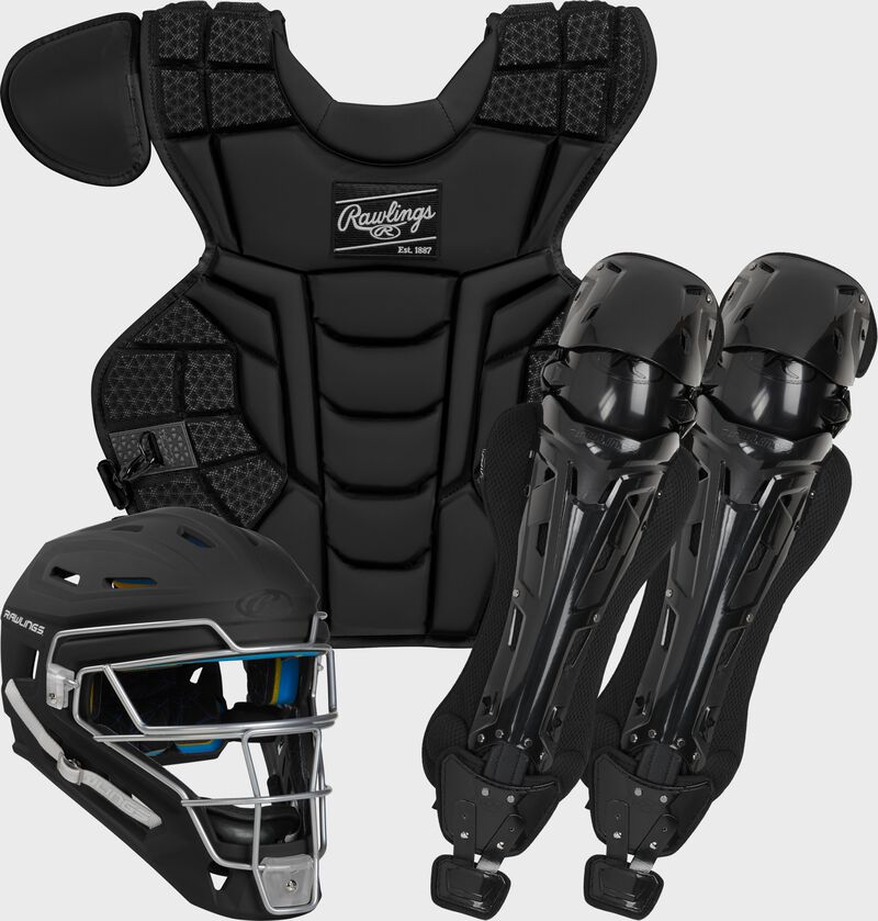 An all black Mach catcher's gear set with a black helmet, chest protector and leg guards - SKU: MKITN-B/B loading=