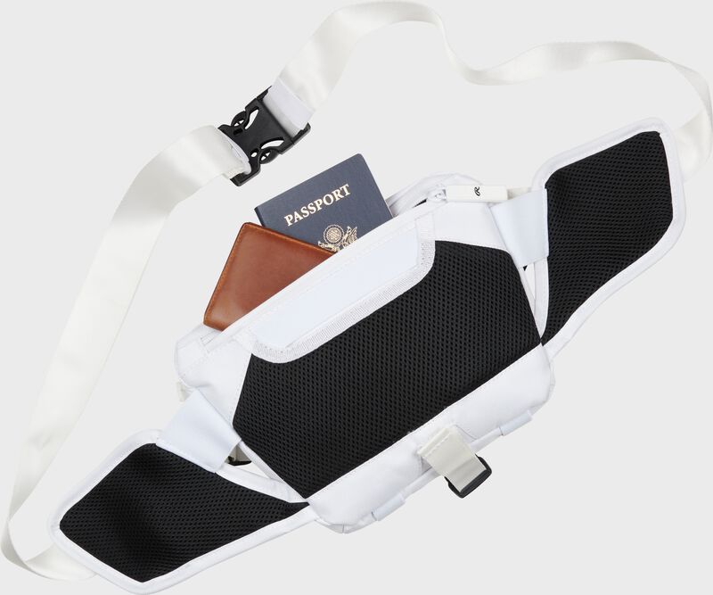 Back of a white Rawlings sling bag with a passport and wallet in the pocket - SKU: RSLING-WH