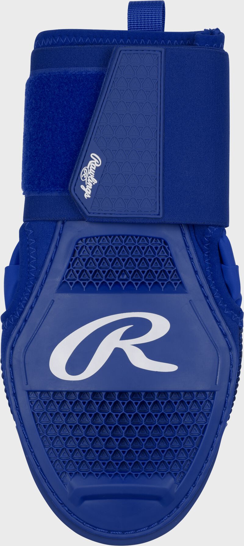 Back of hand of a royal Rawlings sliding mitt with a white "R" logo