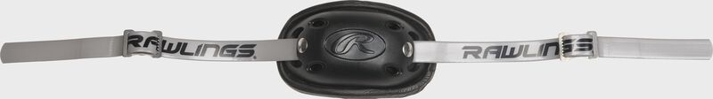 Black chin cup of a CHMCHS Rawlings Mach catcher’s helmet