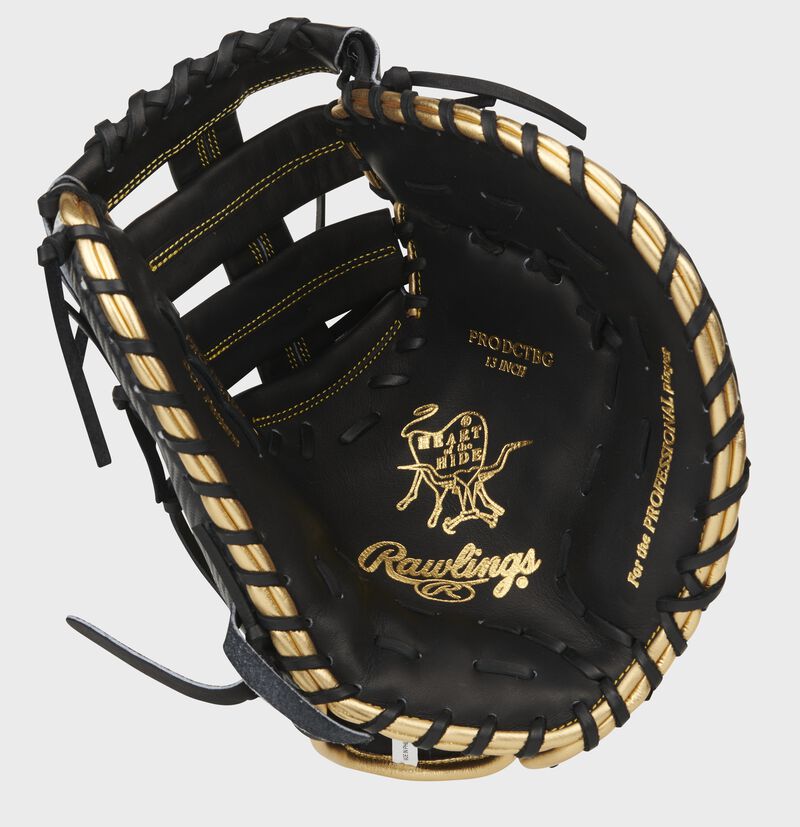 Black palm of a Rawlings 13-Inch HOH first base mitt with gold stamping, black web and laces - SKU: PRODCTBG