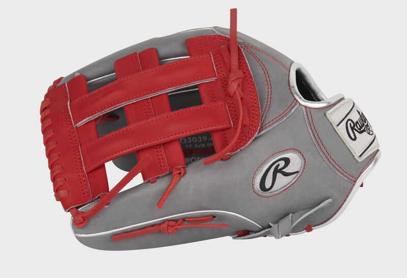 Thumb of a gray/scarlet exclusive Heart of the Hide Hyper Shell outfield glove with a scarlet H-web - SKU: PRO3039-6GCFS loading=
