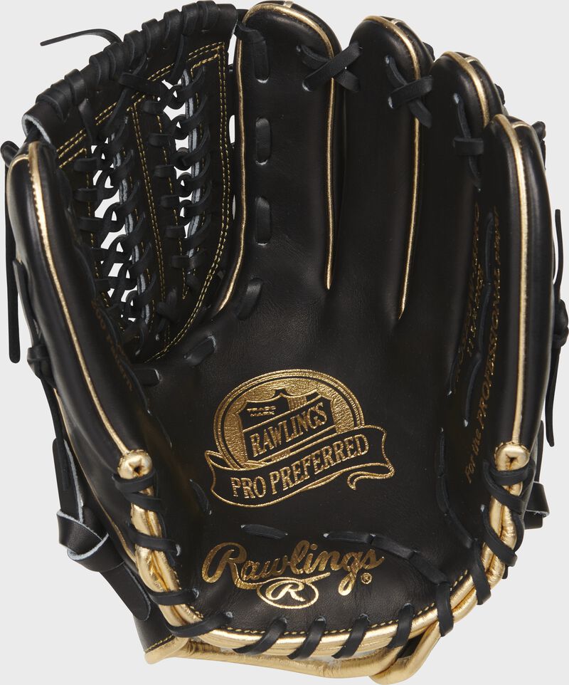 Palm of a black Rawlings Pro Preferred infield/pitcher's glove with a gold palm stamp and black laces - SKU: PROS205W-15PRO