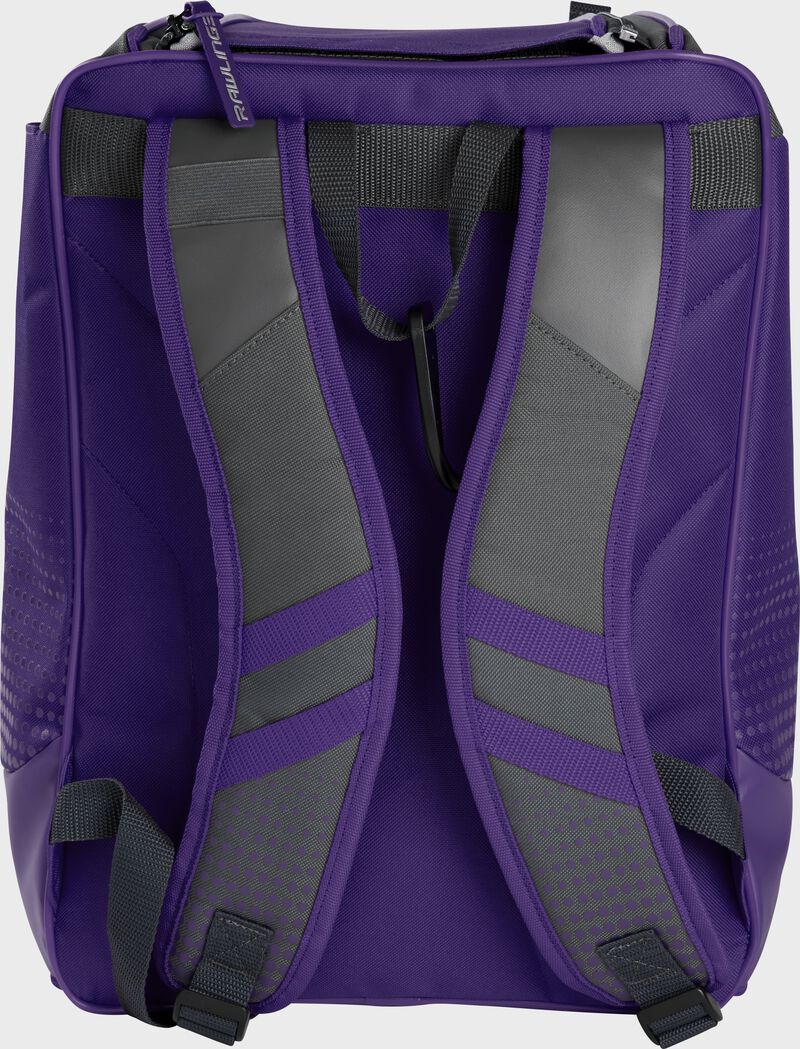 Back of a purple Rawlings Franchise backpack with gray shoulder straps - SKU: FRANBP-PU