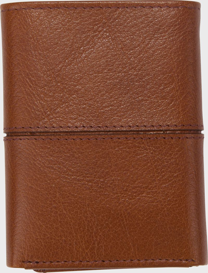 Alternate side of a tan Rawlings Home Run Tri-Fold wallet