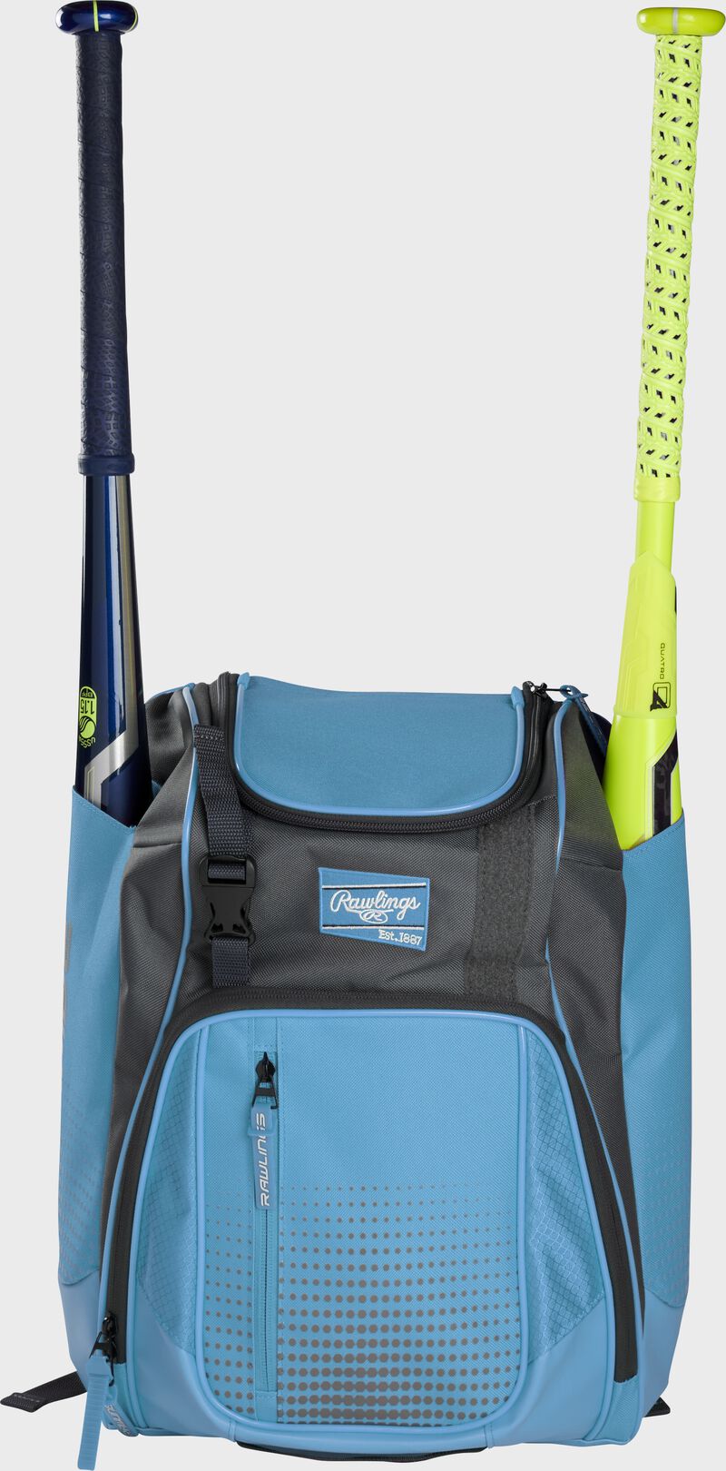 Front of a Columbia blue Rawlings Franchise baseball backpack with two bats in the side sleeves - SKU: FRANBP-CB