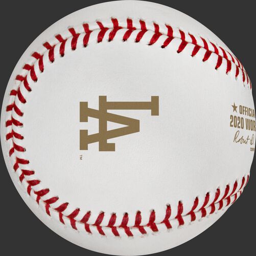 The LA Dodgers logo stamped in gold on a World Series Champions baseball - SKU: EA-WSBB20CHMP-R