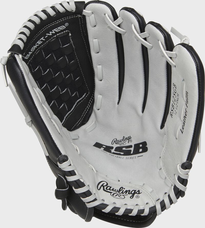 RSB125GB Rawlings softball infield/outfield glove with a grey palm and grey laces