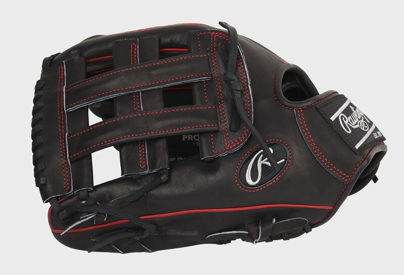 Black thumb of an exclusive Pro Preferred 12.75-Inch outfield glove with a black H-web - SKU: PROS3029-6B loading=