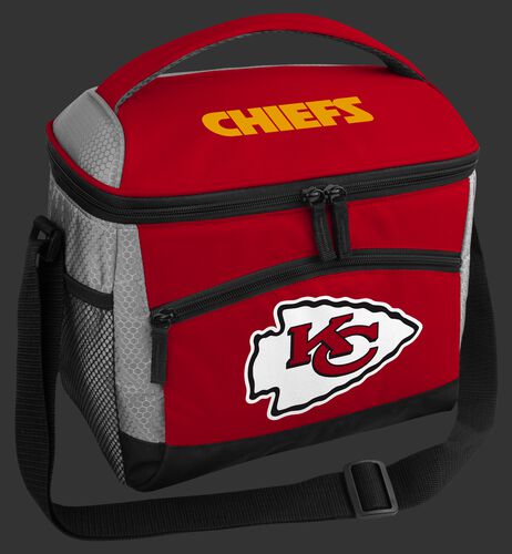 A red Kansas City Chiefs 12 can soft sided cooler with a team logo on the front - SKU: 10111071111