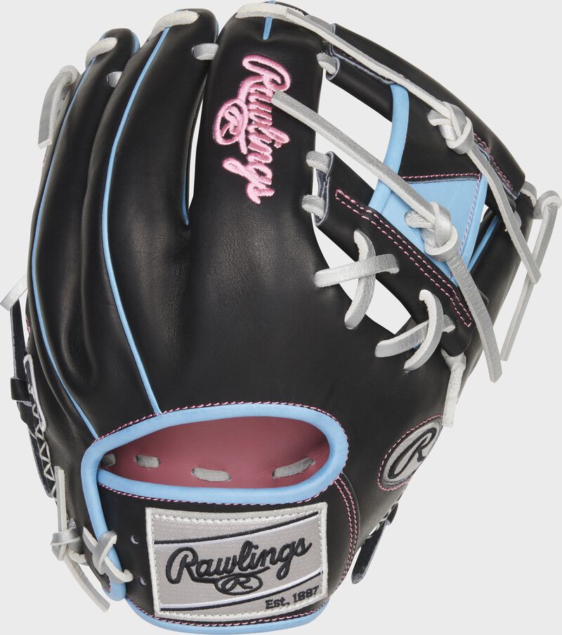 Back of a black HOH ColorSync 6.0 I-web infield glove with pink palm lining and silver Rawlings patch - SKU: PRO204-2BSC