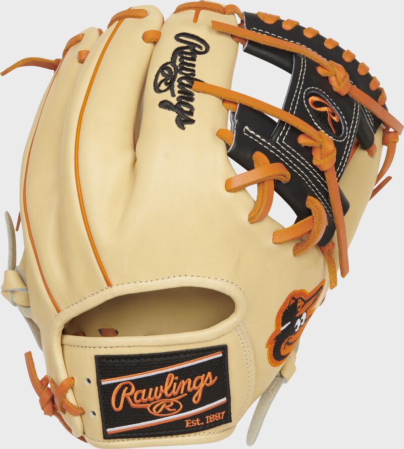 Back of a camel Baltimore Orioles Heart of the Hide I-web glove with a black/orange Rawlings patch - SKU: RSGPRO204-2BAL