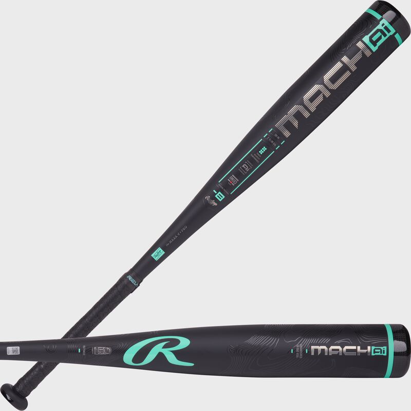 Two images of a black Rawlings Mach AI USSSA -8 bat showing both sides of the barrel
