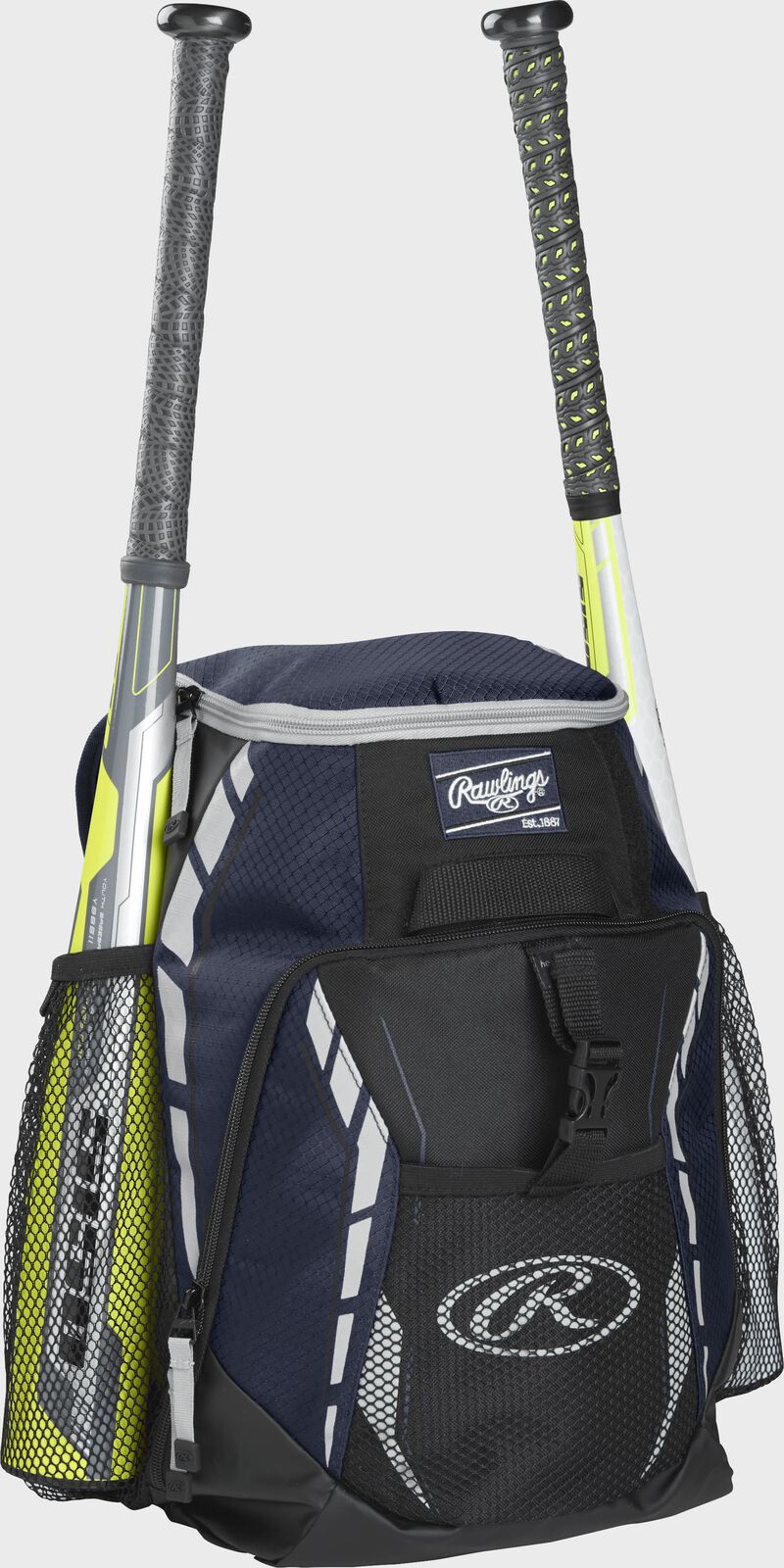 Front left view of a Navy Rawlings Youth Players Team Backpack with two bats | SKU:R400-N loading=