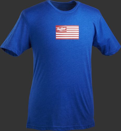 A royal blue Rawlings American Flag short sleeve shirt with a red print flag