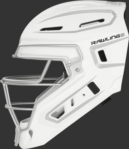 Left side of a white/silver CHV27J Rawlings hockey style Velo 2.0 catcher's helmet