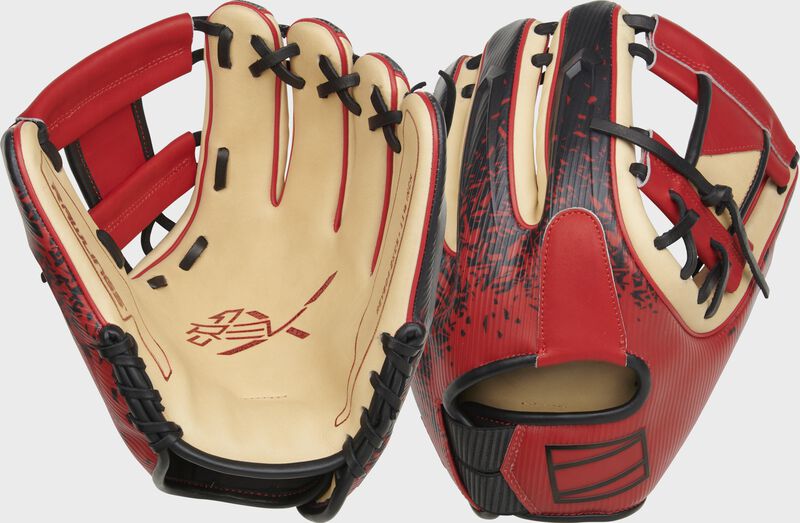 2 views showing the palm/back of a black/camel/scarlet Rawlings REV1X 11.5" I-web infield glove - SKU: REV204-2XCS