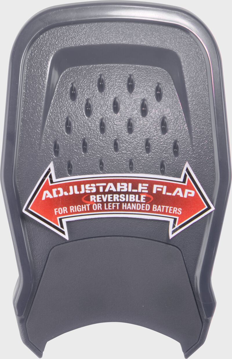 A graphite Rawlings RX2 Reverse adjustable batting helmet extension with a sticker showing the adjustability loading=