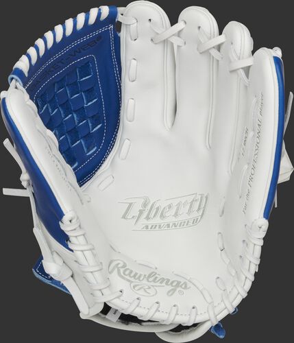 RLA120-3R Rawlings Liberty Advanced Color Series glove with a white palm, royal web and white laces
