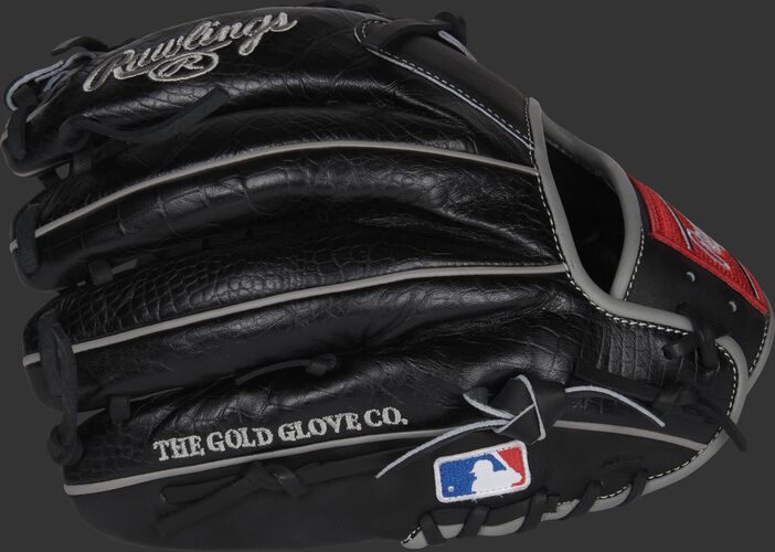 Black croc embossed back of a Gameday 57 Series Dallas Keuchel glove with the MLB logo on the pinky - SKU: RSGPRO206-DK60