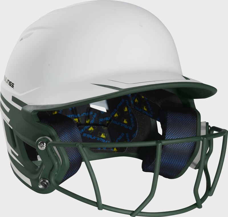 Front right-side view of Rawlings Mach Ice Softball Batting Helmet, Dark Green - SKU: MSB13