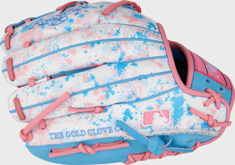 Splatter UV print back of a Heart of the Hide 11.5" Speed Shell infield glove with the MLB logo on the pinky
