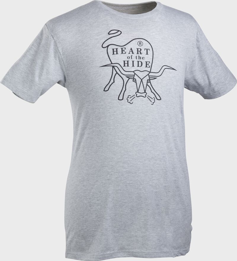 A gray Rawlings Heart of the Hide short sleeve shirt with the HOH logo printed in black