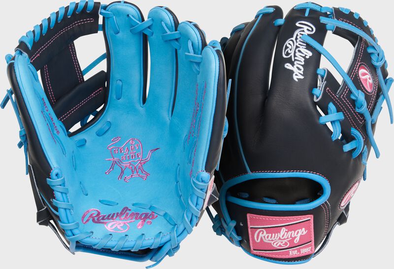 Two images shwoing the palm & back of a navy/Columbia blue Heart of the Hide 11.75-Inch Infield Glove