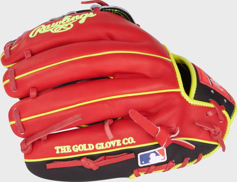 Scarlet back of a Rawlings Oneil Cruz 11.75" HOH infield glove with the MLB logo on the pinky - SKU: PRO205-6OC