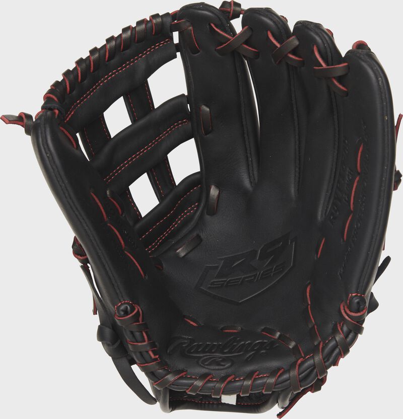 R9YPT6-6B Rawlings R9 Series 12-inch youth baseball glove with a black palm and black/scarlet laces
