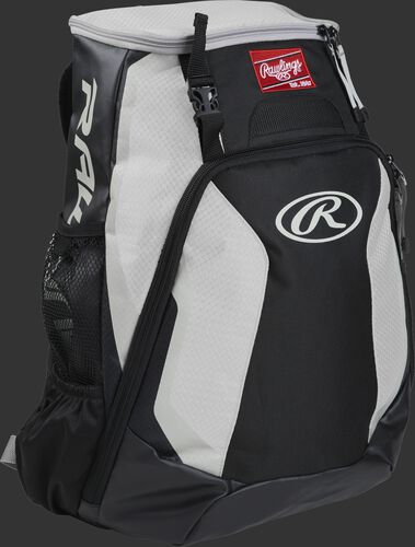 Right side of a black/white R500 Rawlings Players equipment backpack with white trim